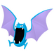 Golbat looking to the left, mid-air, with its mouth open.